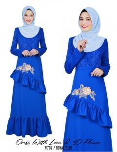 DRESS WITH LACE & 3D FLOWER (ROYAL BLUE) 707