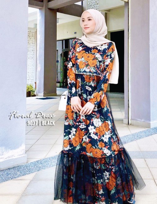 FLORAL PRINTED DRESS (BLACK) 9037